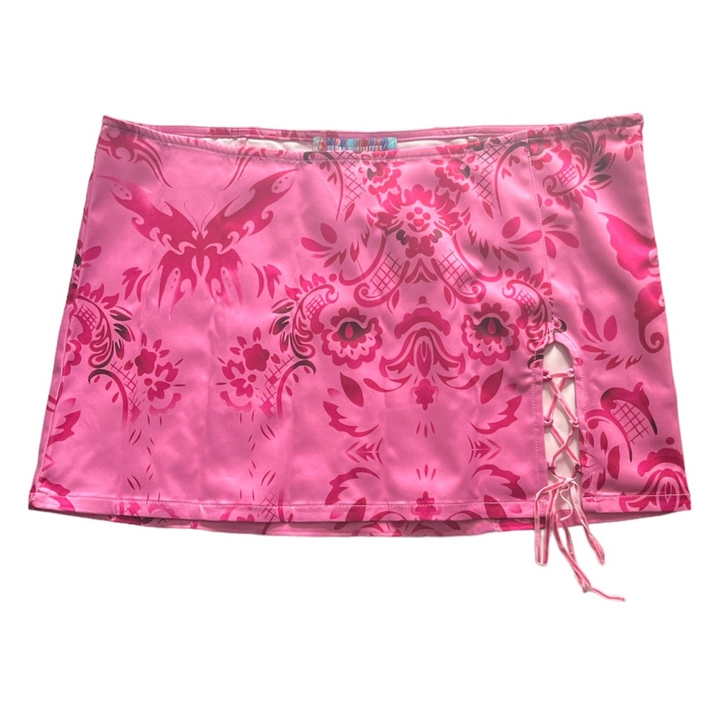 URBAN OUTFITTERS “BLOSSOM” SATIN PRINT LACE UP MINI SKIRT IN PINK/ROSE BNWT